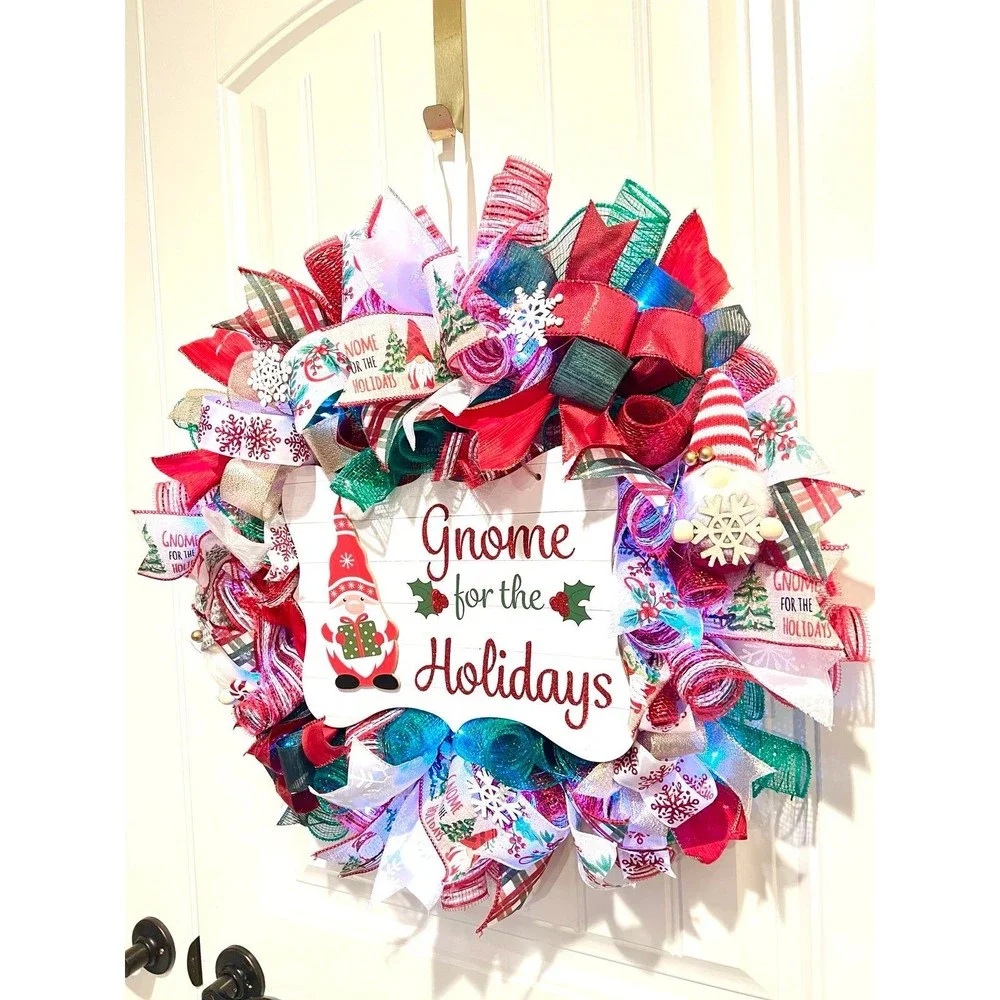 Handmade Christmas Gnome for the Holidays Ribbon Door Wreath 22 ins LED W37